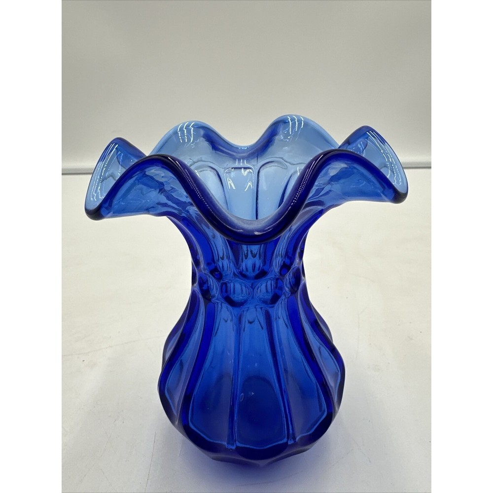 Vintage Fenton Cobalt Blue Flute & Dot Vase Crimped Ruffle Top 5.25"